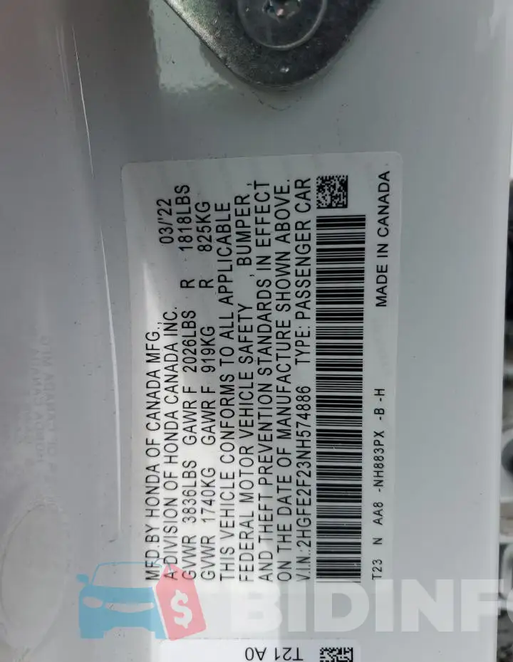 2HGFE2F23NH574886 Photo# 12