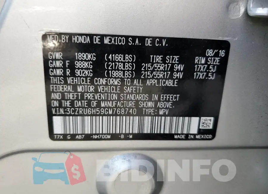 3CZRU6H59GM768740 Photo# 13