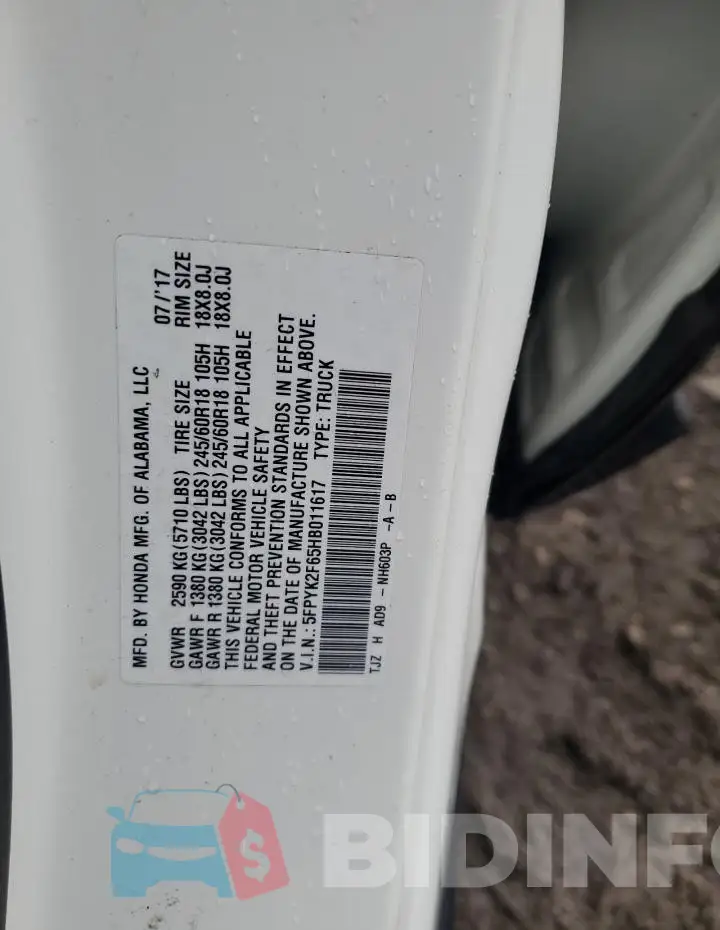 5FPYK2F65HB011617 Photo# 13