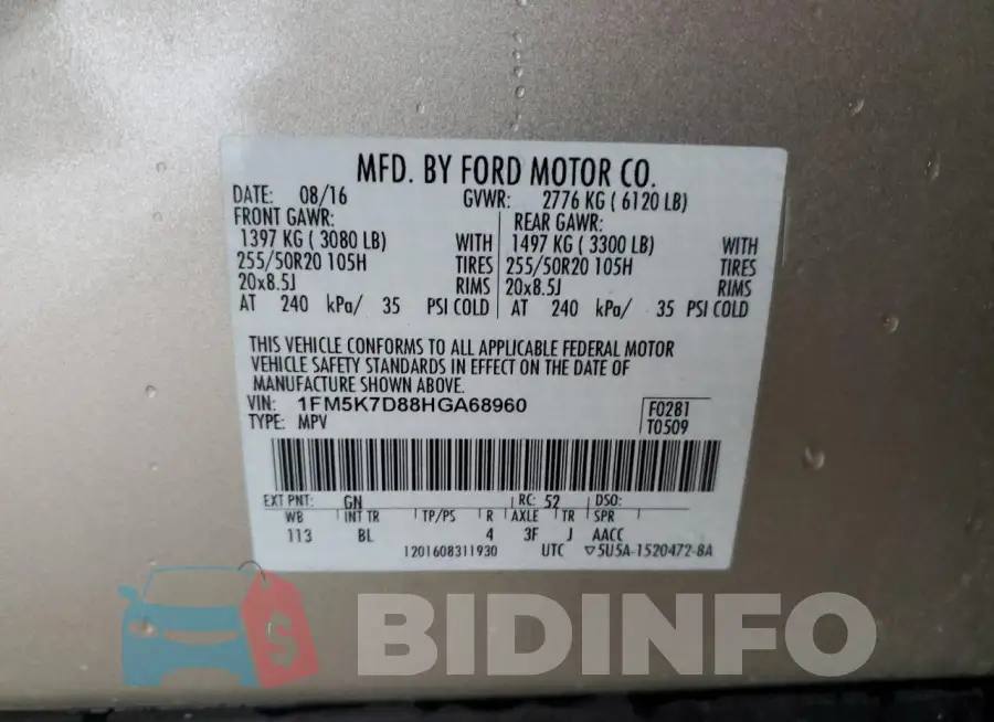 1FM5K7D88HGA68960 Photo# 14