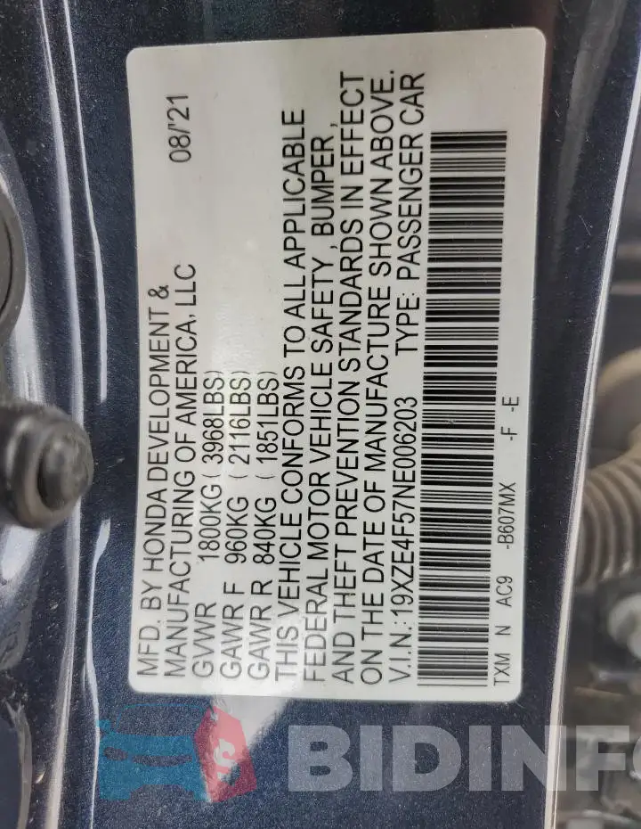 19XZE4F57NE006203 Photo# 13