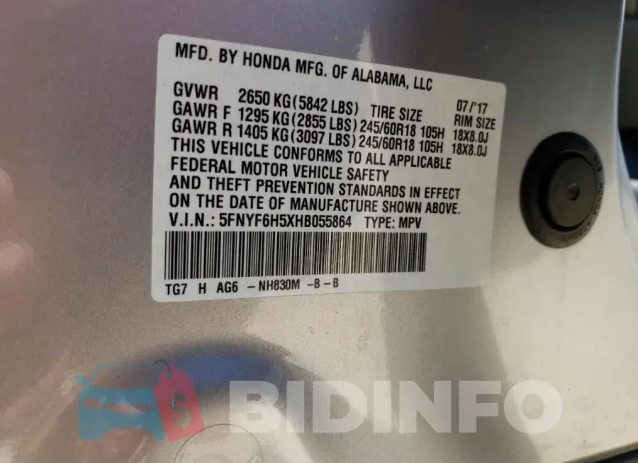 5FNYF6H5XHB055864 Photo# 13