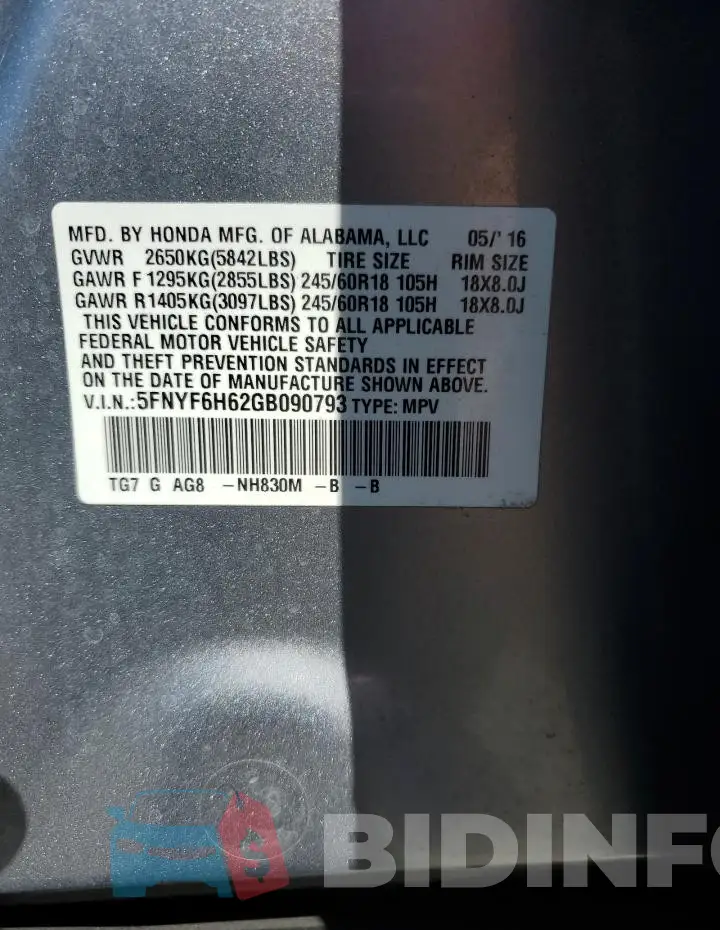5FNYF6H62GB090793 Photo# 13