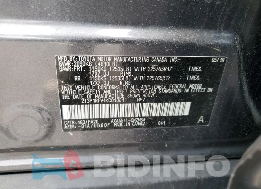 2T3P1RFV4KC010811 Photo# 13
