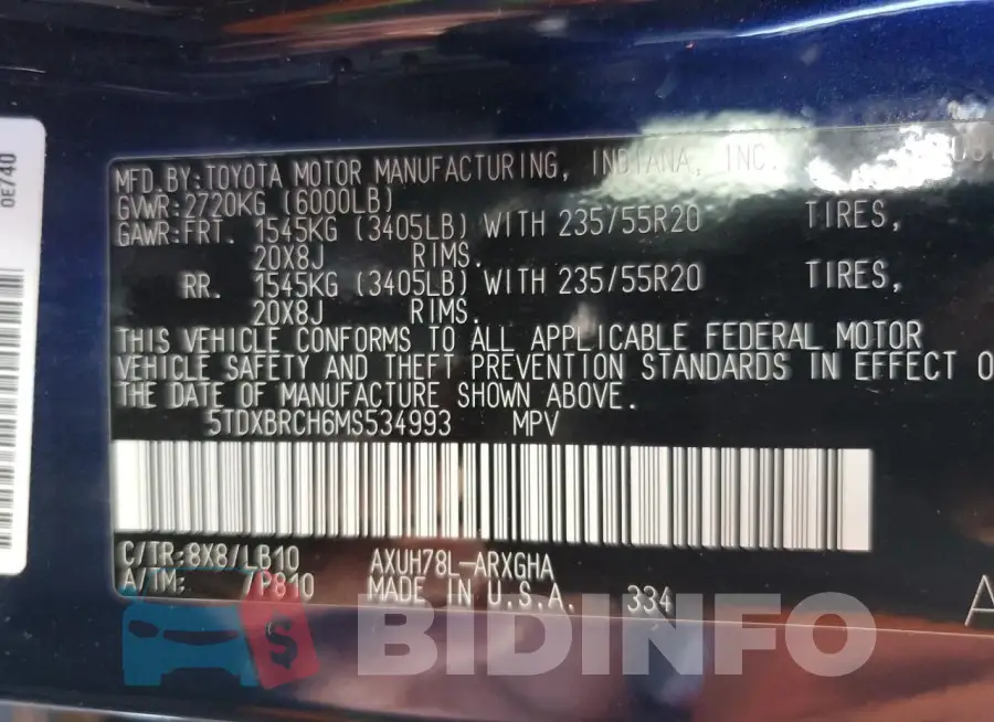5TDXBRCH6MS534993 Photo# 13