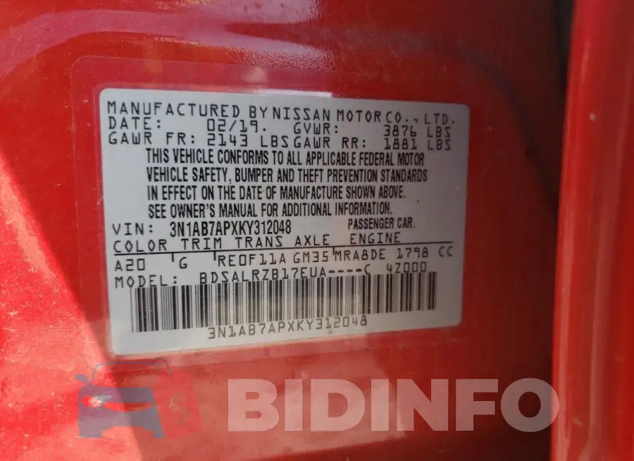 3N1AB7APXKY312048 Photo# 13