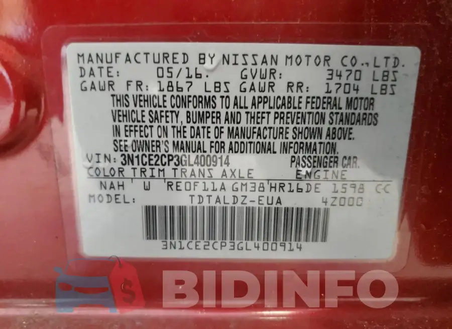 3N1CE2CP3GL400914 Photo# 13