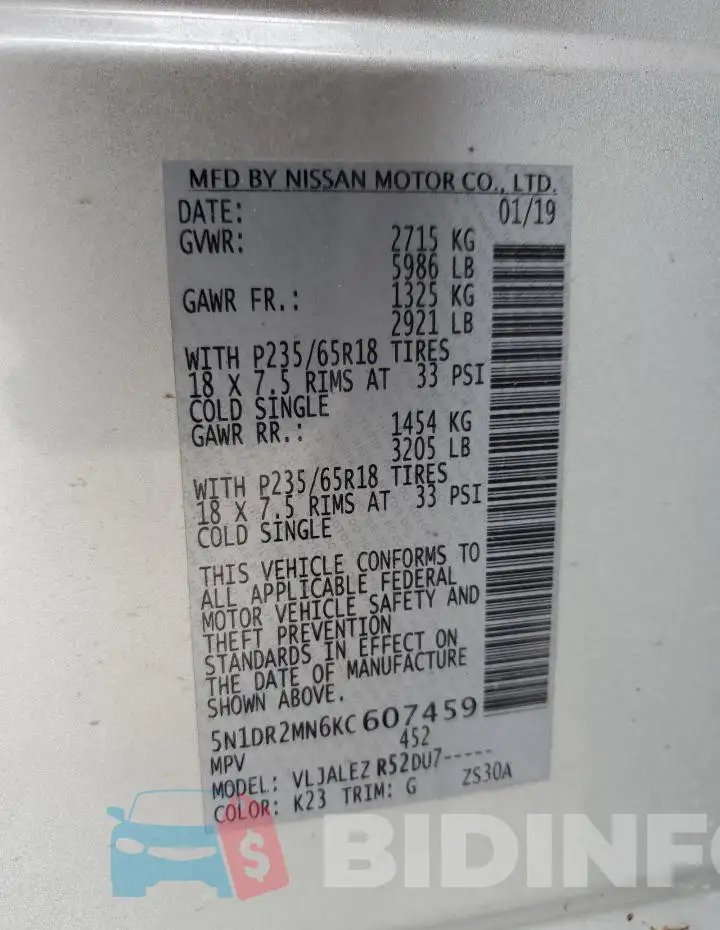 5N1DR2MN6KC607459 Photo# 13