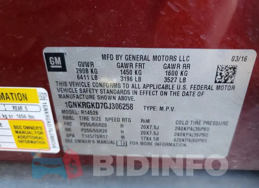 1GNKRGKD7GJ306258 Photo# 13
