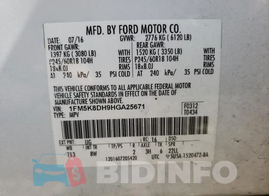 1FM5K8DH9HGA25671 Photo# 13
