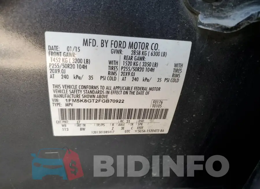 1FM5K8GT2FGB70922 Photo# 13