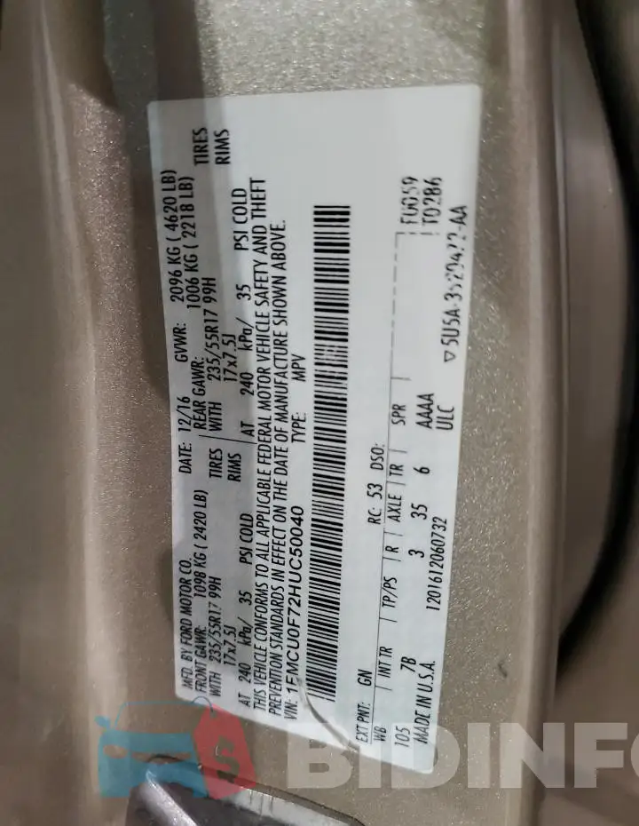 1FMCU0F72HUC50040 Photo# 12