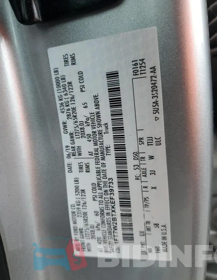 1FT7W2BTXKEF39733 Photo# 12