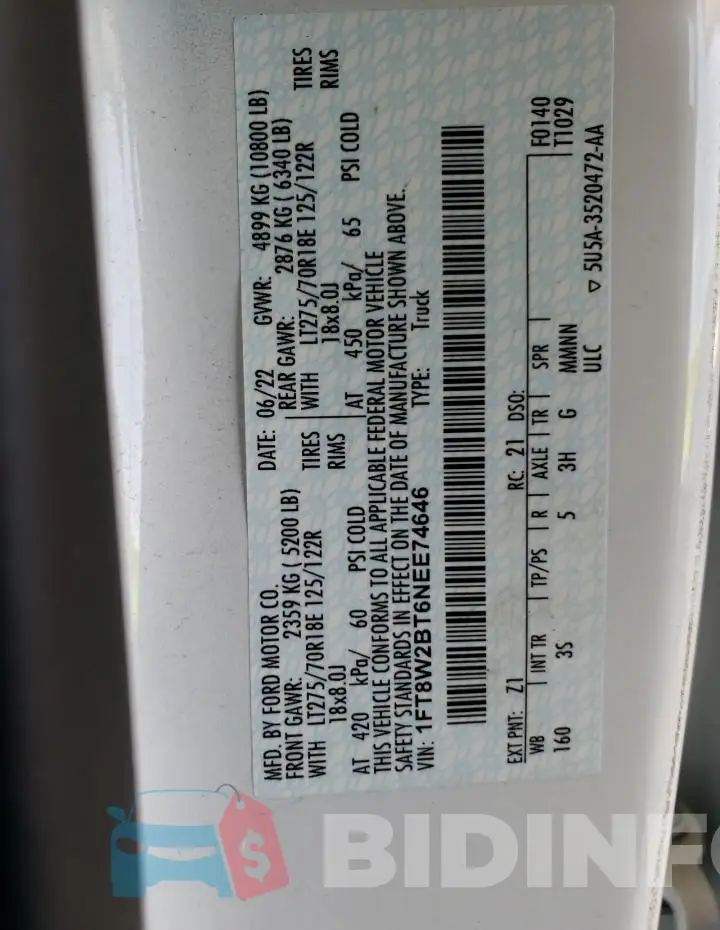 1FT8W2BT6NEE74646 Photo# 12