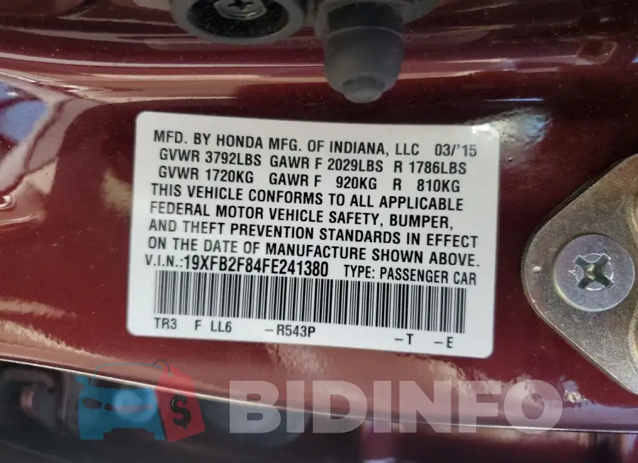 19XFB2F84FE241380 Photo# 13