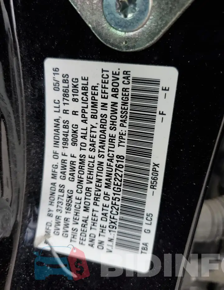 19XFC2F51GE227618 Photo# 13