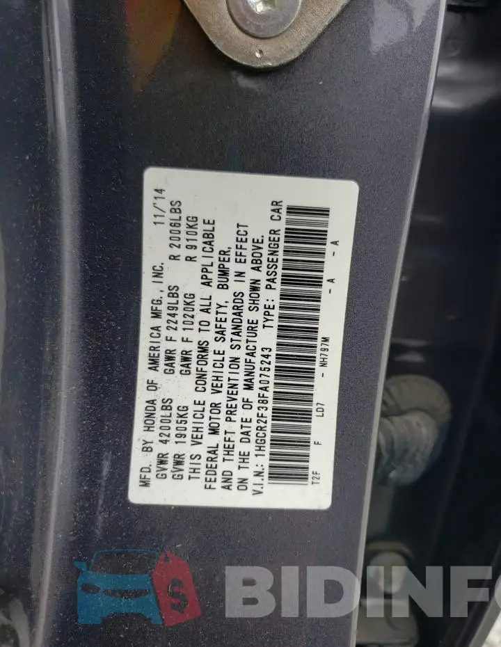 1HGCR2F38FA075243 Photo# 12