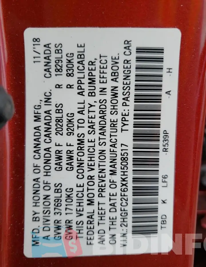 2HGFC2F6XKH508517 Photo# 12