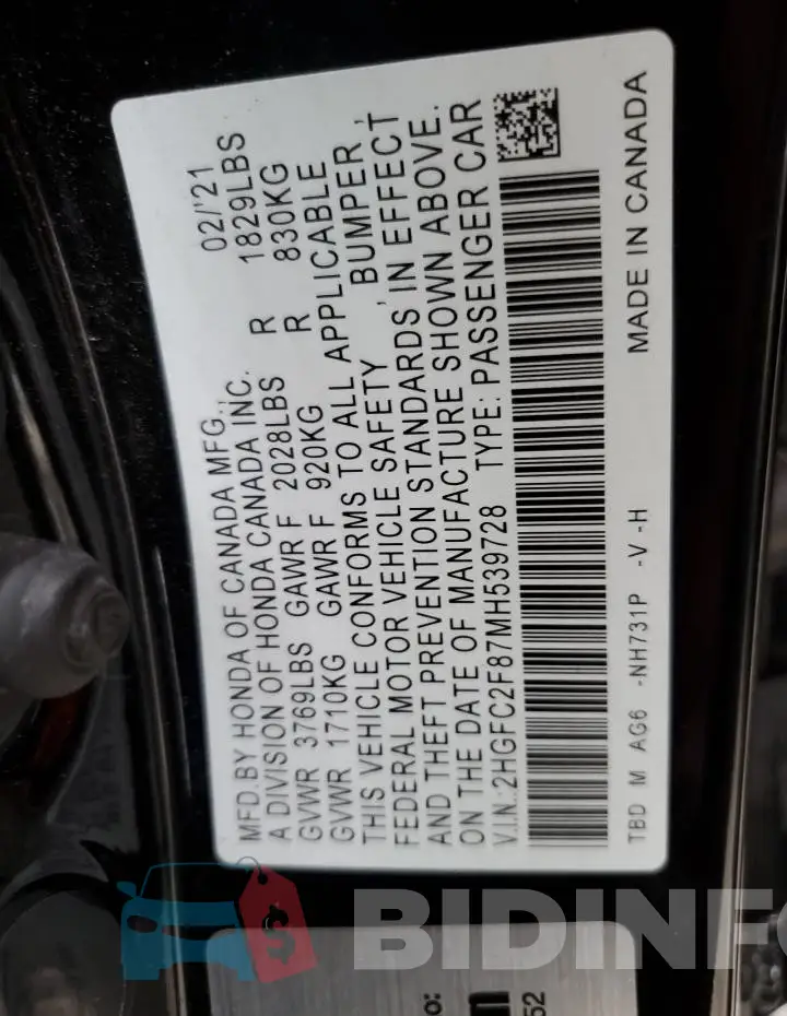 2HGFC2F87MH539728 Photo# 12