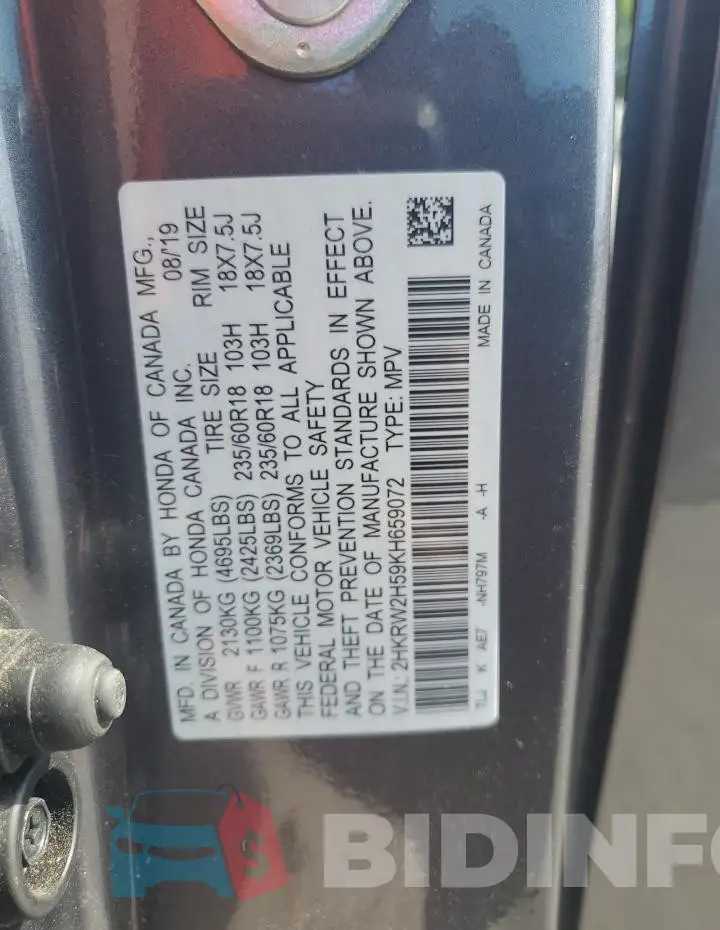2HKRW2H59KH659072 Photo# 13