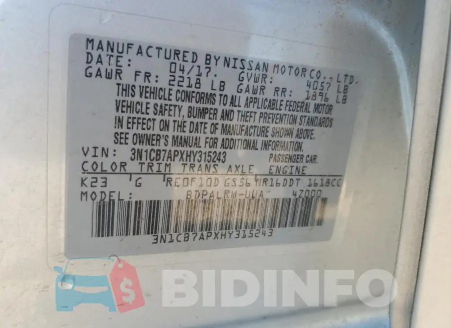 3N1CB7APXHY315243 Photo# 12