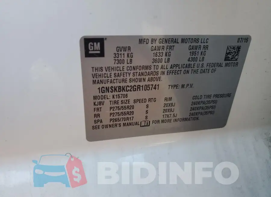 1GNSKBKC2GR105741 Photo# 14