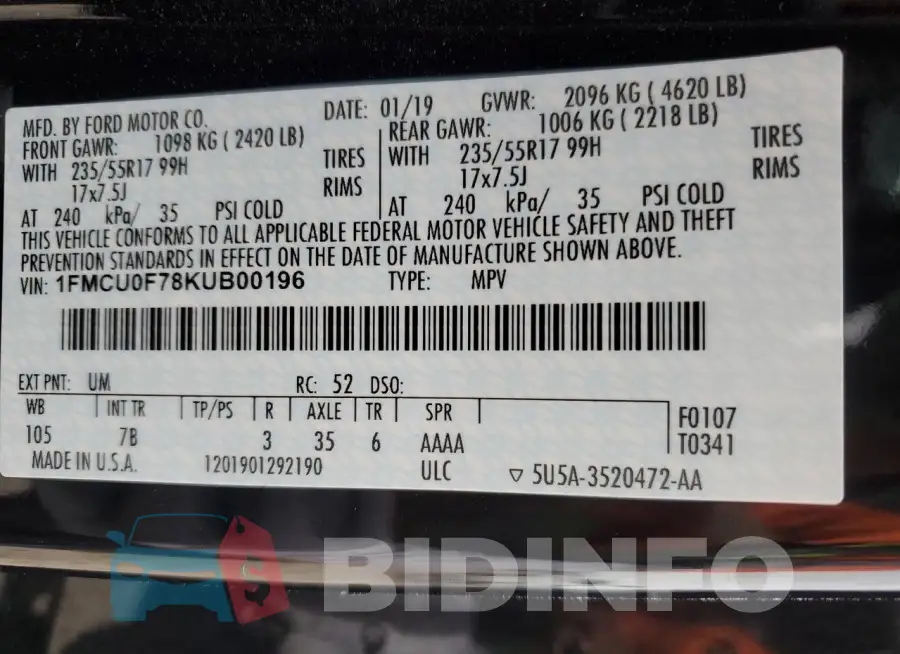 1FMCU0F78KUB00196 Photo# 12