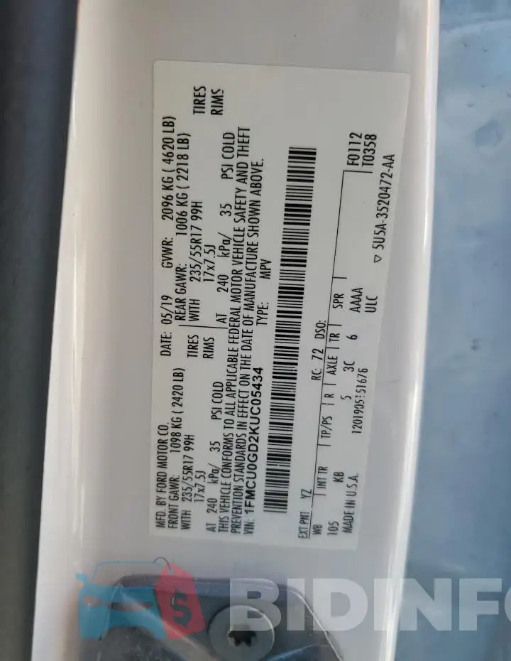 1FMCU0GD2KUC05434 Photo# 14