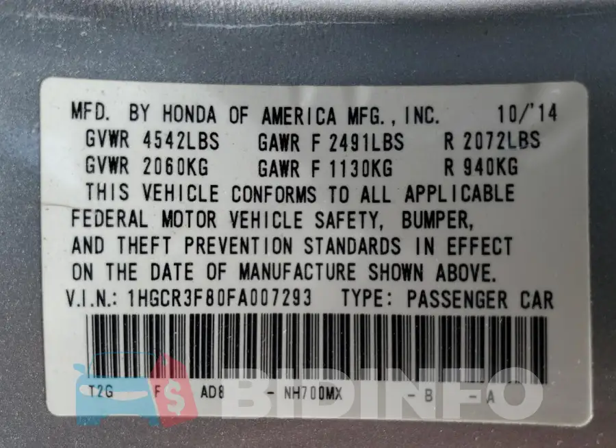 1HGCR3F80FA007293 Photo# 12