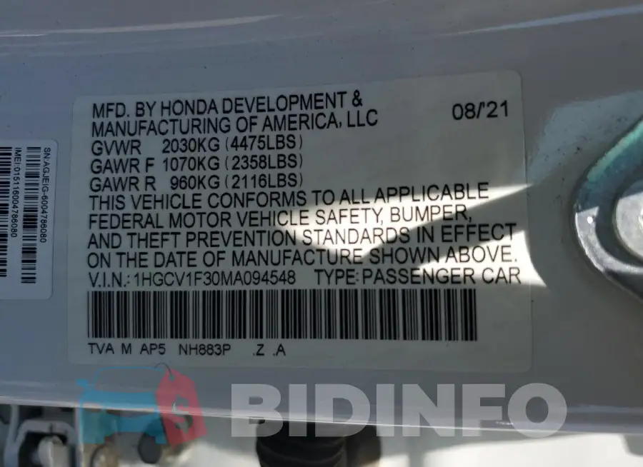 1HGCV1F30MA094548 Photo# 12