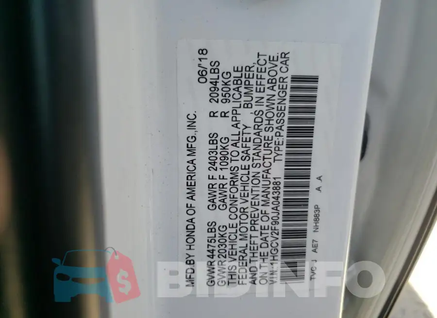 1HGCV2F90JA043881 Photo# 12