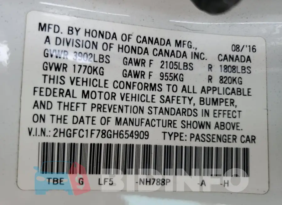 2HGFC1F78GH654909 Photo# 13