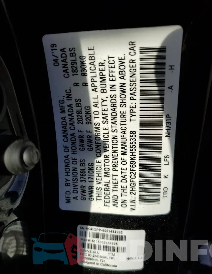 2HGFC2F69KH555358 Photo# 12