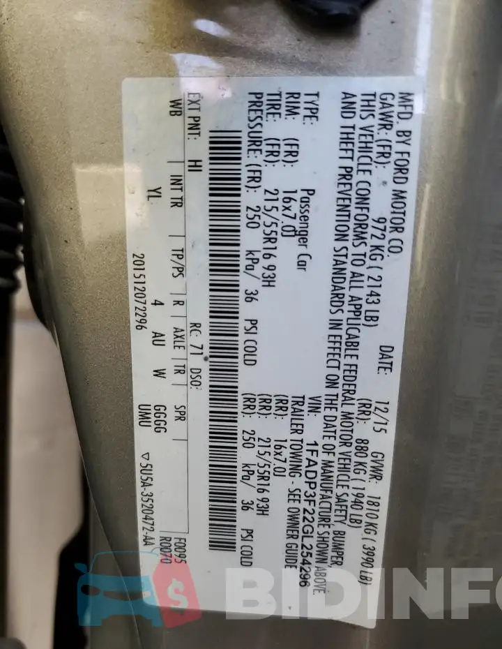 1FADP3F22GL254296 Photo# 12