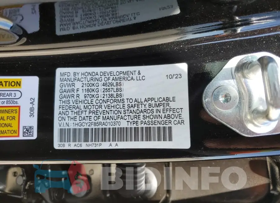 1HGCY2F85RA010370 Photo# 13