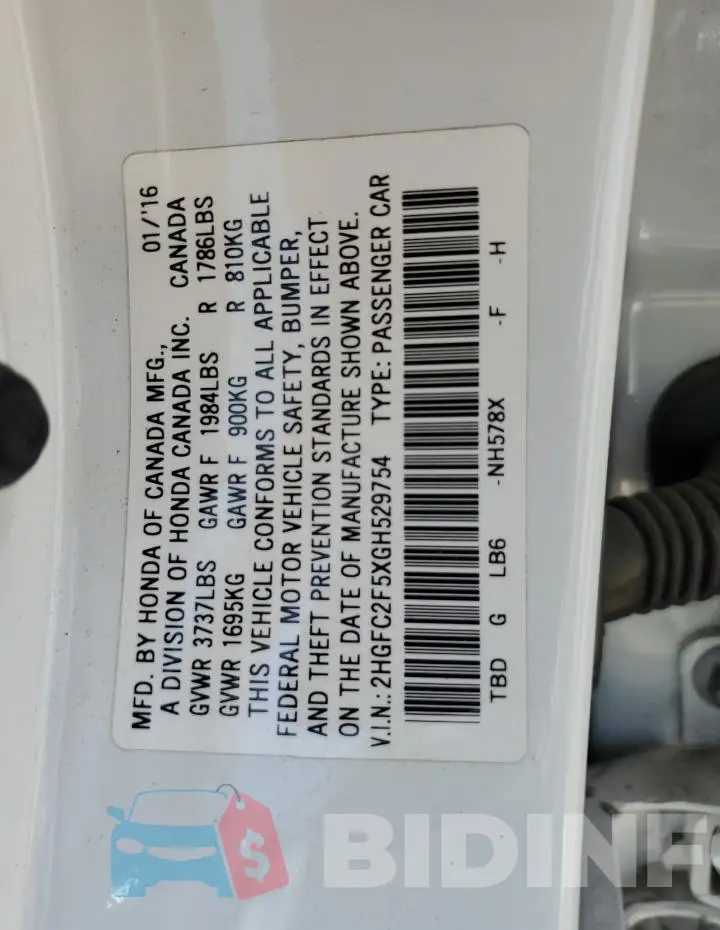 2HGFC2F5XGH529754 Photo# 12