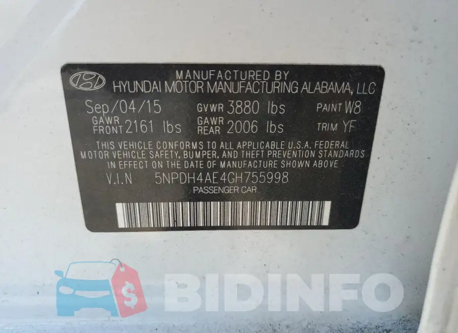 5NPDH4AE4GH755998 Photo# 12