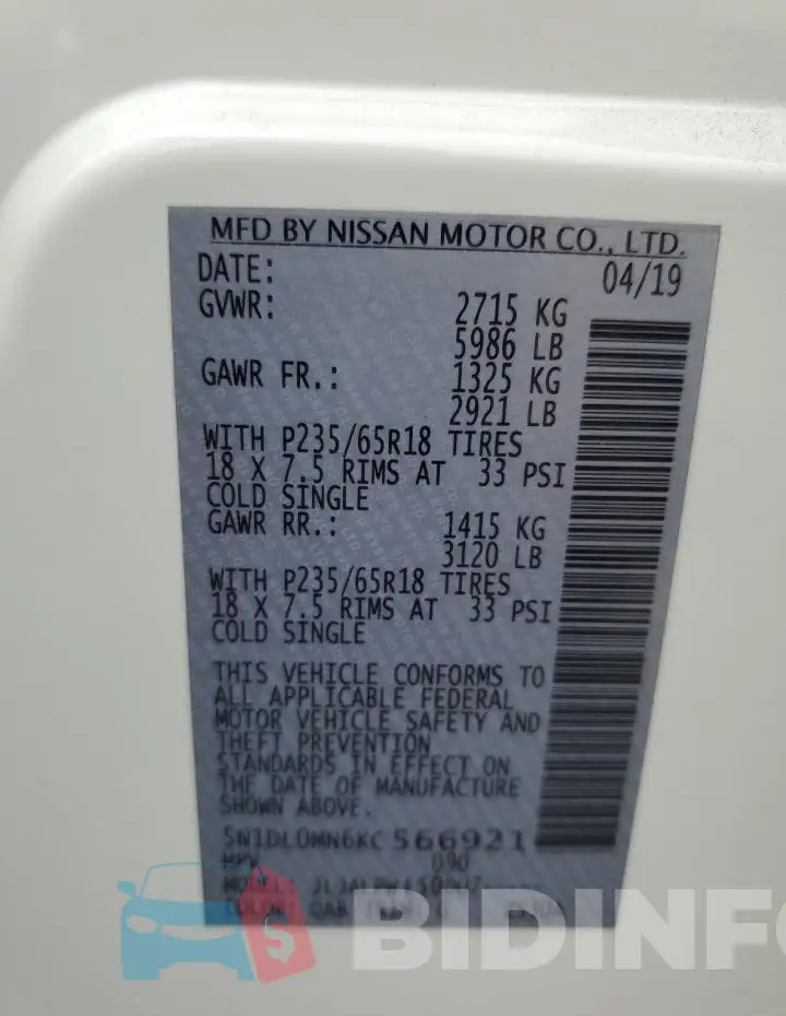 5N1DL0MN6KC566921 Photo# 13