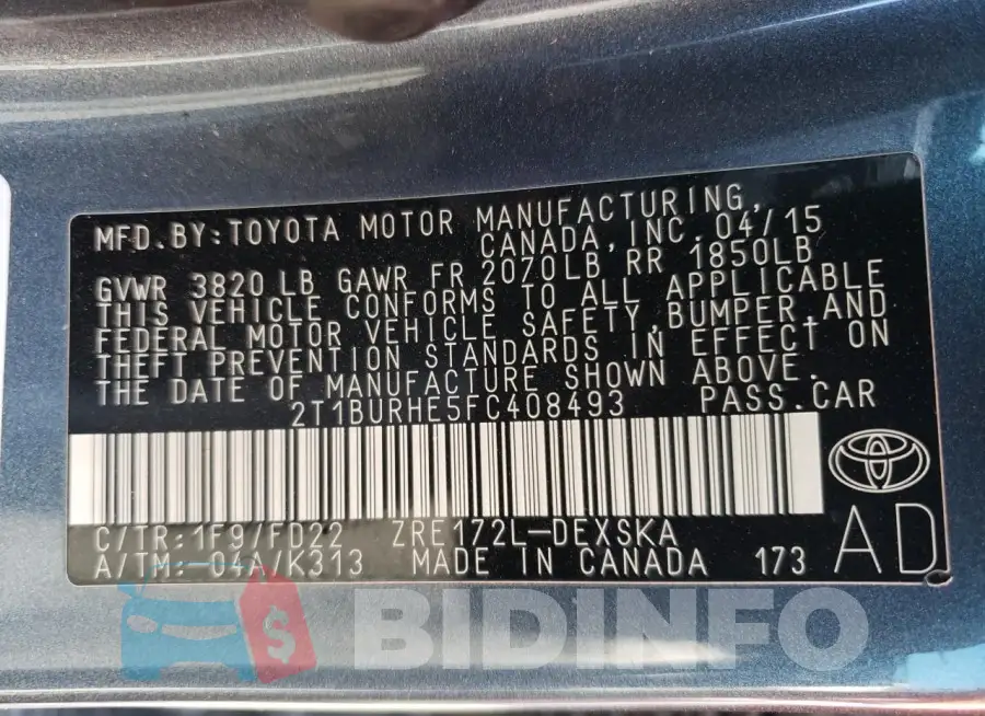 2T1BURHE5FC408493 Photo# 13
