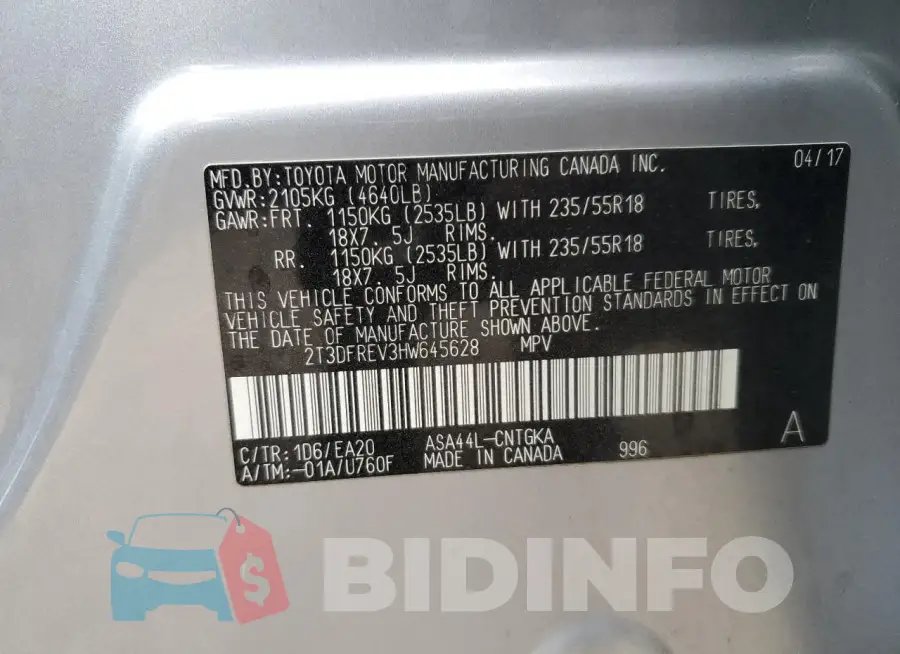 2T3DFREV3HW645628 Photo# 13