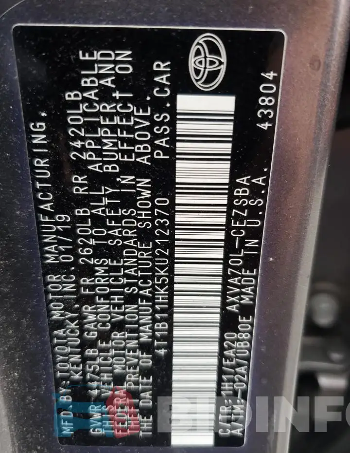 4T1B11HK5KU212370 Photo# 13