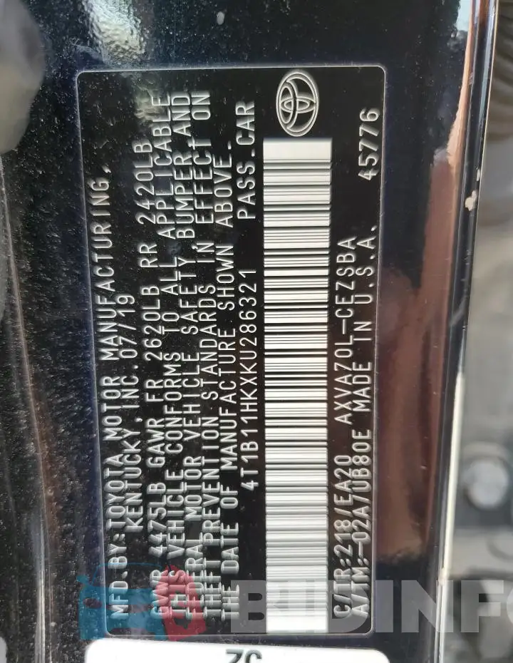4T1B11HKXKU286321 Photo# 12