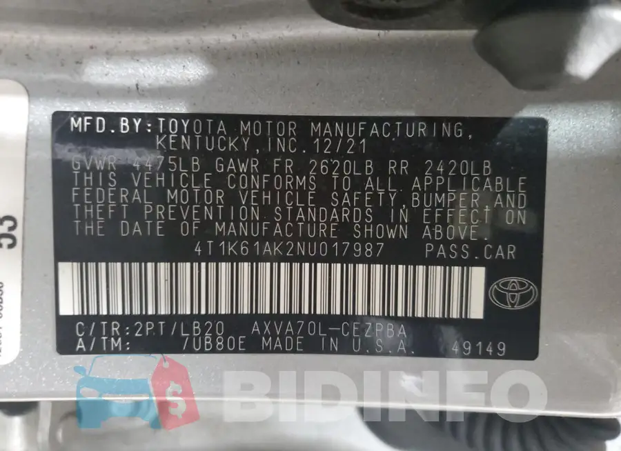 4T1K61AK2NU017987 Photo# 12