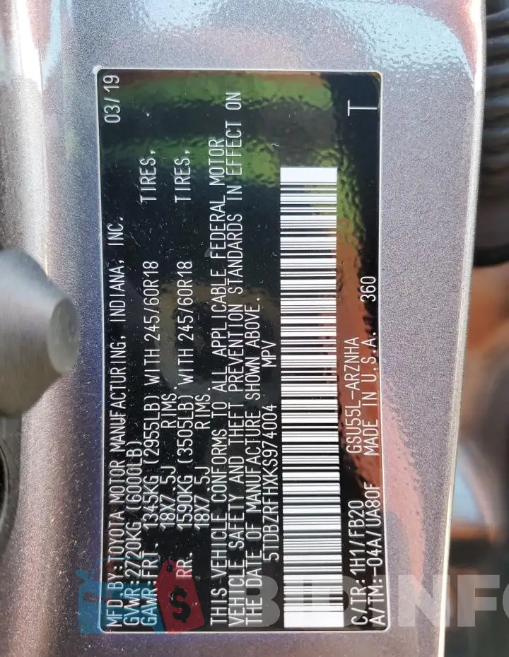 5TDBZRFHXKS974004 Photo# 14