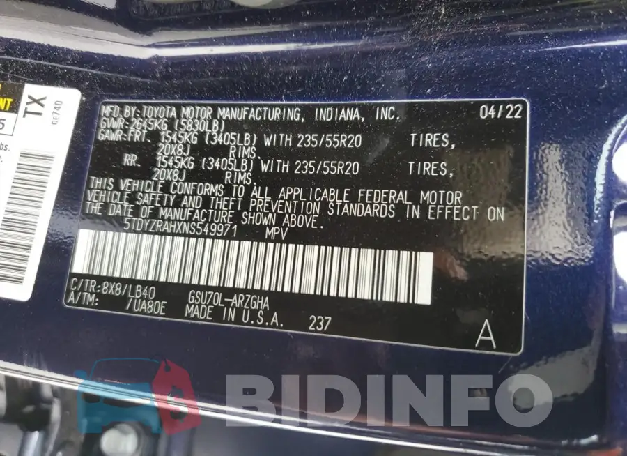 5TDYZRAHXNS549971 Photo# 13