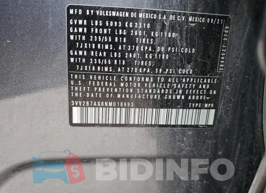 3VV2B7AX6NM018693 Photo# 12