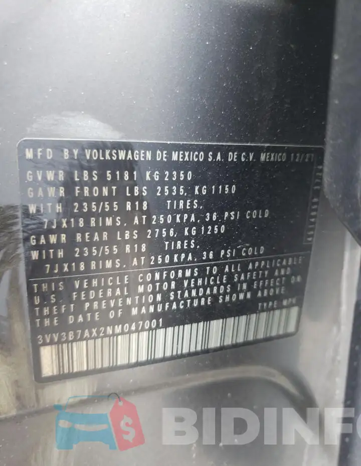 3VV3B7AX2NM047001 Photo# 13