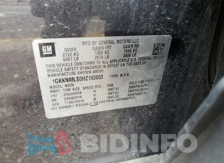 1GKKNMLS0HZ193003 Photo# 13