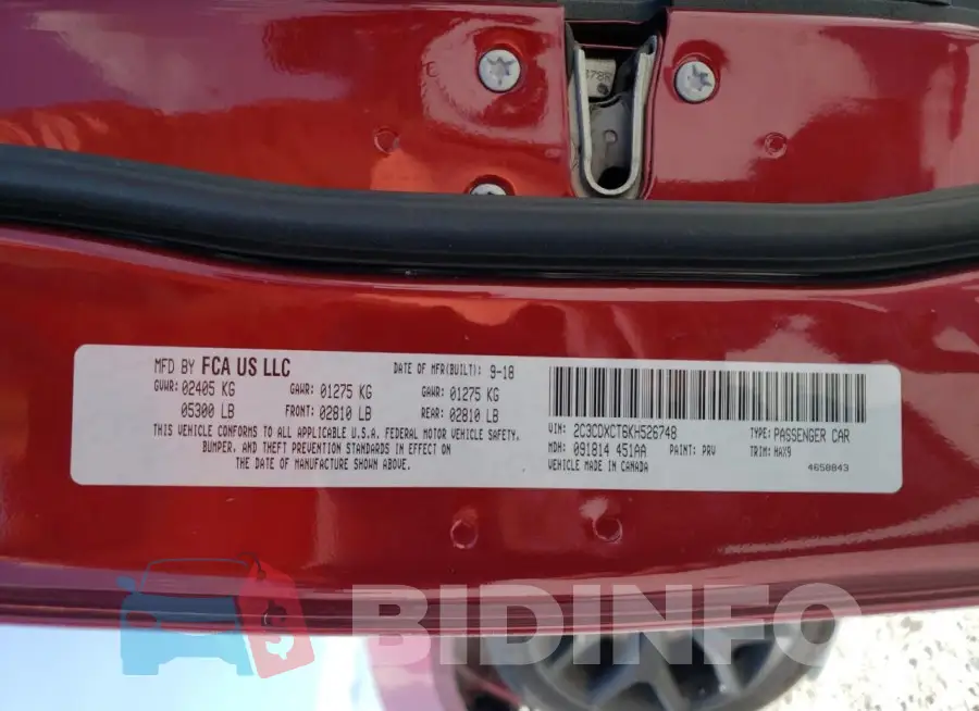 2C3CDXCT6KH526748 Photo# 13