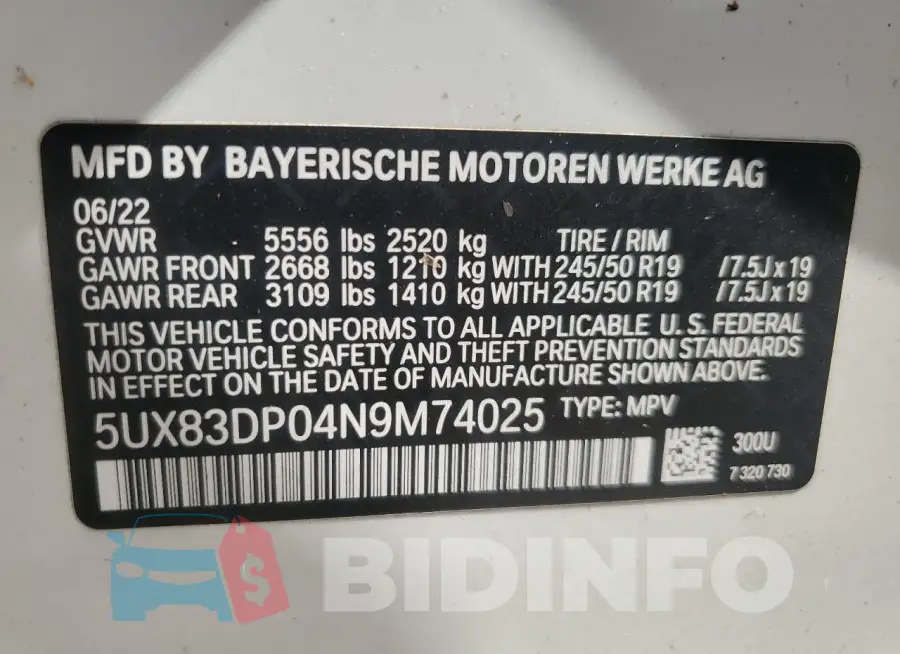 5UX83DP04N9M74025 Photo# 13
